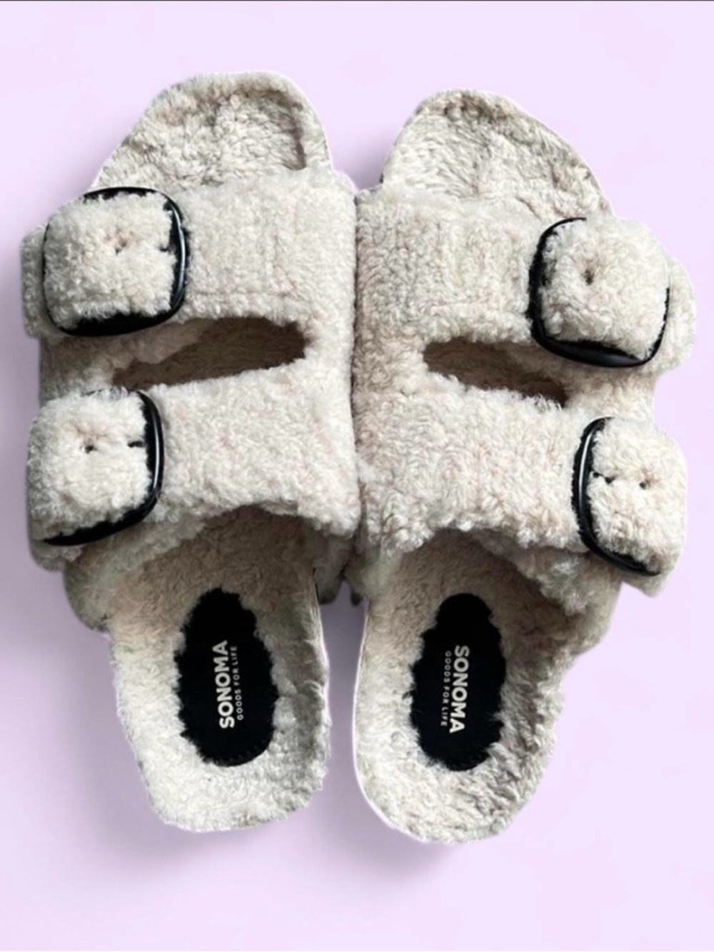 Sonoma Plush Sherpa Double-Buckle Slides in Ivory